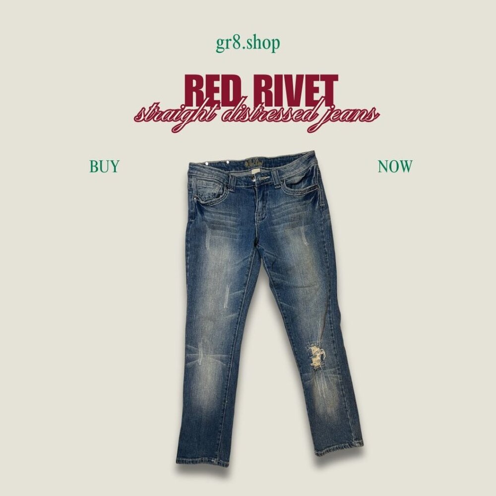Red Rivet Womens Distressed Straight-Leg Jeans Size 7 Blue Denim With Back Pocke